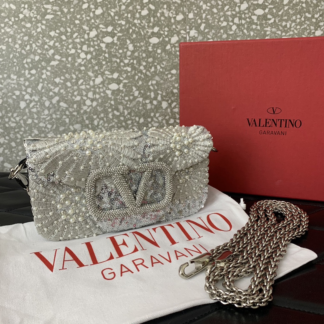 Valentino Garavani Loco Small Embroidered Shoulder Bag in Light Grey